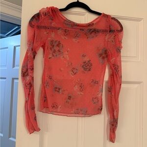 Free People Coral/Pink Floral Sheer Blouse